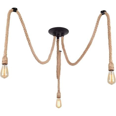 Corde de chanvre bricolage rétro lustre industriel salon restaurant lampes suspendues/luminaire ampoule non incluse (3 têtes) (1/5)