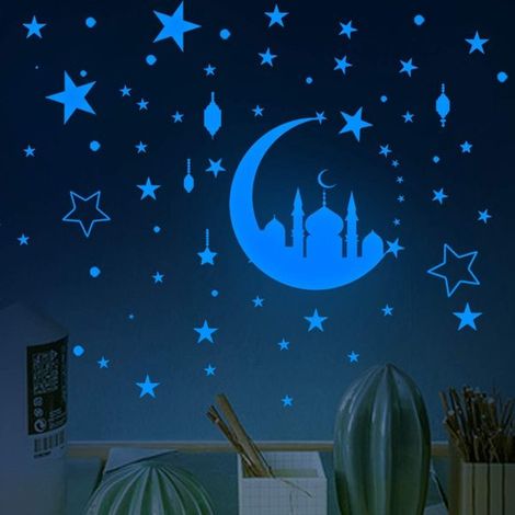 Set di 145 adesivi murali per camerette, camere da letto e asili nido. Stelle luminose, stelle e luna, motivo cielo stellato per le camerette dei bambini. (1/5)