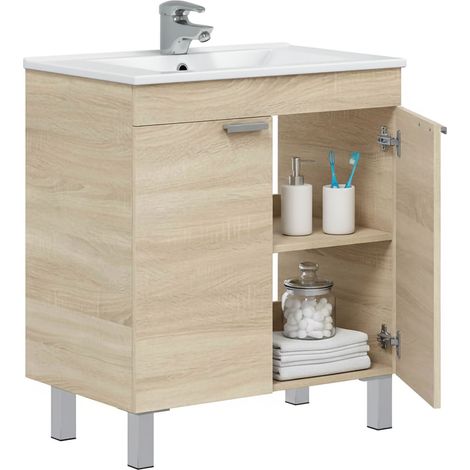 Mobile Sottolavabo Cariati, 2 Ante, Apertura Battente, Piedini Alluminio, 70x45x80h cm Marrone Rovere