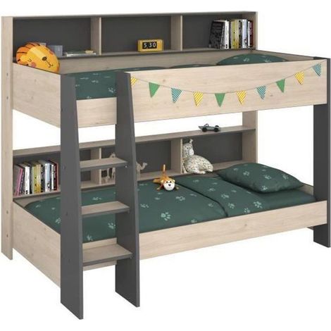 Calicosy – Lit superposé enfant 2 x 90 x 200 cm – Décor chêne jackson et gris ombre – Sommiers inclus – 6 niches de rangement (1/10)