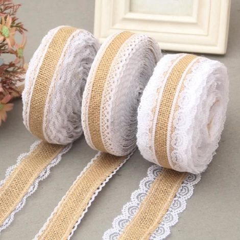 3 pièces ruban de dentelle de jute toile de jute avec bordure en dentelle blanche décor de mariage vintage rustique (1/4)