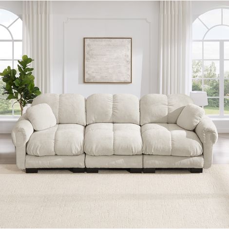 Canapé 3 places kaki clair en chenille avec coussins décoratifs et design capitonné (1/5)