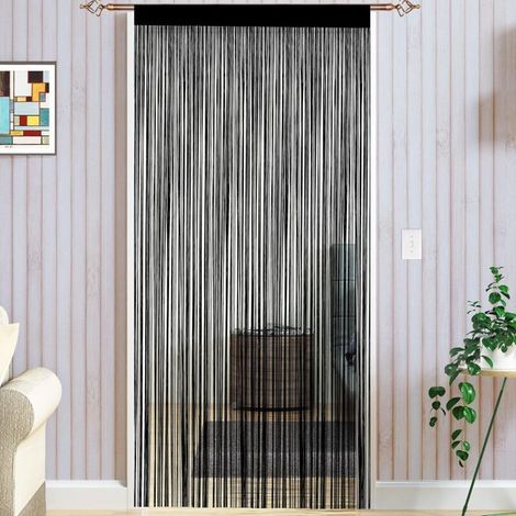 Rideau Fils 100x200 cm, Rideau Franges, Rideau de Porte fenêtre, Rideau 200 cm Hauteur, Noir (1/4)