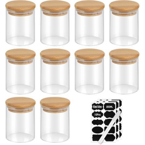 Lot de 10 Bocaux en Verre de 200ml, 8.86.56.5cm, Pot à Épice Hermétique avec Couvercle en Bambou, Boîte Rangement Cuisine avec Étiquette, Bocal de Conservation pour Céréales Noix Poudre (1/5)