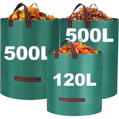 Sacs à déchets de jardin robustes avec poignées, grands sacs de jardin réutilisables et imperméables pour déchets de jardin, déchets de plantes, herbe et feuilles (500 litres, 120 litres) (1/4)