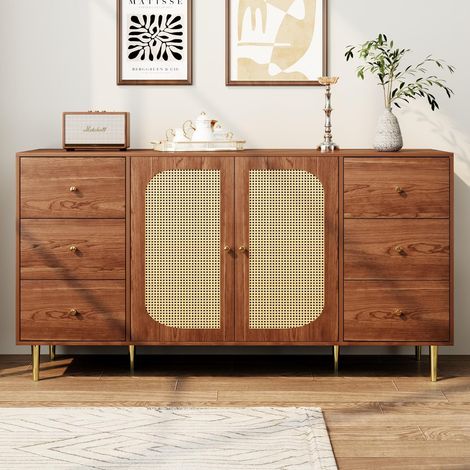 Sideboard aus Rattan, Aufbewahrungsmöbel mit 6 Schubladen, freistehender Holzschrank, Küchenschrank 160 x 40 x 90 cm, modernes Wohnzimmer-Sideboard, braun