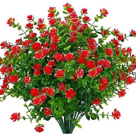 Gefälschte künstliche Blumen 4er Pack UV-beständig im Freien künstliche Eukalyptuspflanzen Sträucher Pflanzen im Innenbereich hängende Pflanzgefäße Hausgarten Dekor (rot) (1/4)