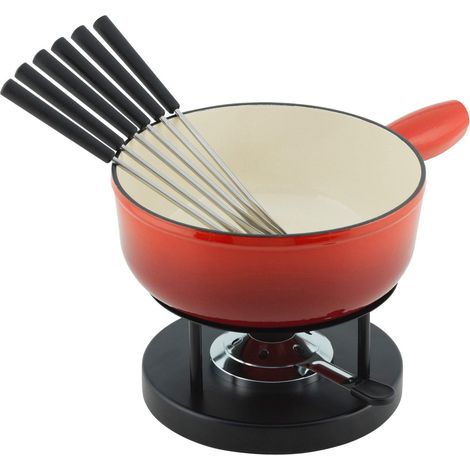 Kuhn Rikon 32236 Set per fonduta di formaggio a induzione 24 cm in ghisa, Ghisa, rosso, 34 x 26 x 23 cm, 9 unità (1/2)