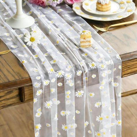 Chemin de table 75 x 400 cm en tulle et organza semi-transparent, motif marguerites, décoration florale romantique pour mariage, anniversaire et table de fête, blanc et jaune (1/5)