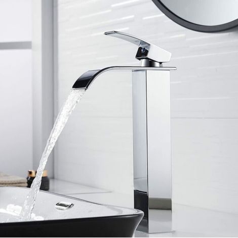 Modern Tall Waterfall Basin Faucet, Elegant Design Bathroom Faucet, Tall Single Handle Brass Basin Mixer Tap, Hot and Cold Water Available (1/5)