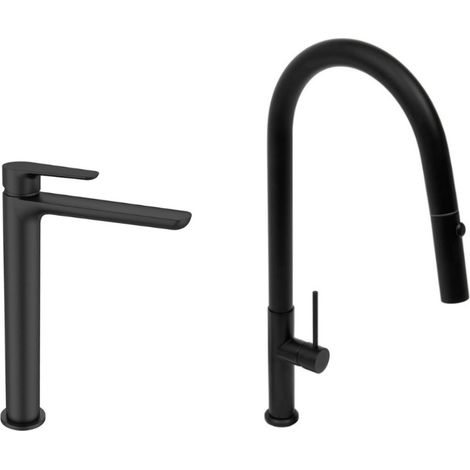 Set miscelatore lavabo XL + miscelatore cucina monocomando con doccetta estraibile 2 getti, nero opaco (SATBSM288C)