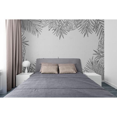 Papier Peint Noir et Blanc - Esquisse de Feuillage Tropical - 150 x 250 cm (1/2)