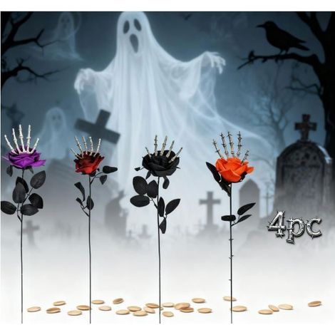 4 roses artificielles réalistes - rouge, noir, violet et orange avec des araignées - parfaites pour les décorations d'Halloween (1/5)