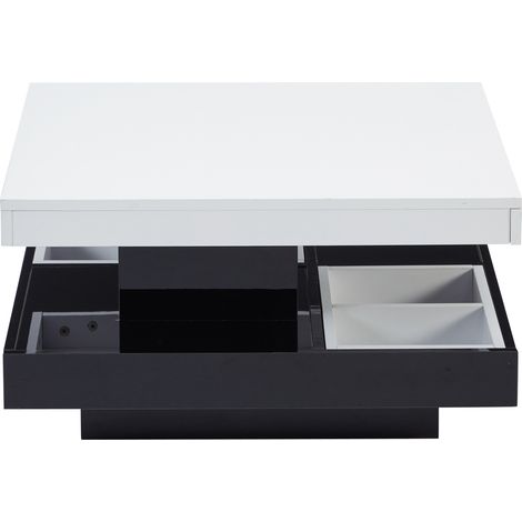 Table basse à plateau rotatif 360°, 2 niveaux, plateau blanc brillant avec structure noire, 70x70x36 cm (1/5)