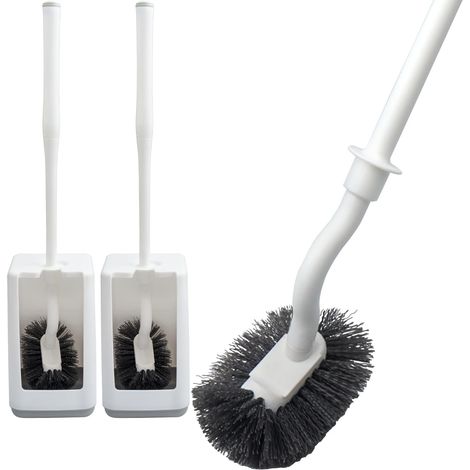 Lot de 2 brosses WC avec support, brosse WC au design incurvé, brosse WC avec nettoyeur de bord, long manche et poils solides pour nettoyer la salle de bain (1/5)