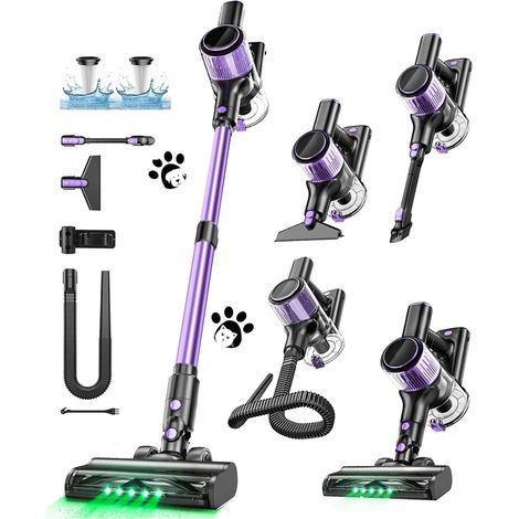 Aspirateur Balai sans Fil 45KPa/500W/45Mins, Écran LED, Tuyau Extensible, Brosse Anti-Enchevêtrement, Filtration 5 Niveaux, Idéal pour Sols Durs, Tapis, Poils d'animaux et Voiture - Violet (1/5)