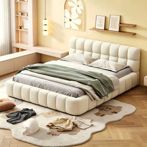 lit bubble 140x200, cadre de lit pour adulte, lit deux personnes, lit double, Lit rembourré 2 places en lin, beige, sans matelas (1/5)