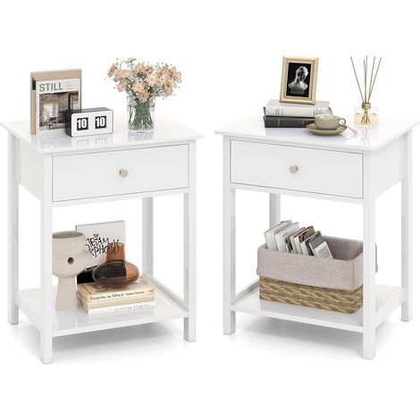 COSTWAY Table de Chevet en Bois avec Tiroir, Table de Nuit Blanc, Étagère Ouverte, Chevet de Lit avec Rangement, pour Salon, Chambre, Bureau (2) (1/4)