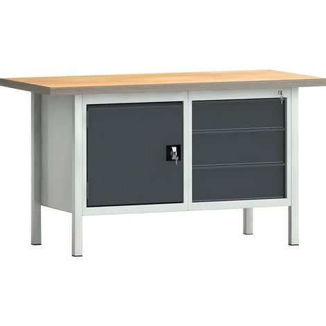 Banco da lavoro PW 700 l. 1500xP700xH840 mm faggio Multiplex grigio chiaro, RAL 7035 Grigio antra, RAL 7016 3 cassetti 1 anta