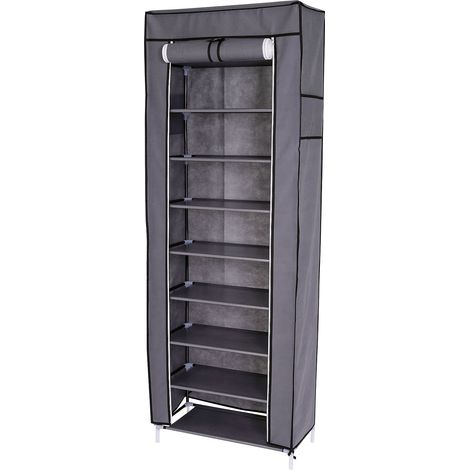 dibea Stoffkleiderschrank, faltbarer Schuhschrank mit 10 Einlegeböden, stabilem Stahlrohrgestell & Vliesbezug, 160x60x30 cm, grau
