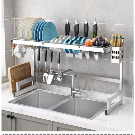Organisateur d'évier de cuisine en acier inoxydable, extensible, avec support multifonctionnel de grande capacité (1/5)