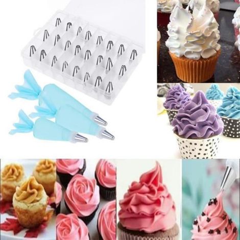 30 Pcs Douilles Poche à Douille Patisserie en Acier Inoxydable DIY Kits Réutilisable pour Décoration de Gâteaux Crème (24x douilles, (1/4)