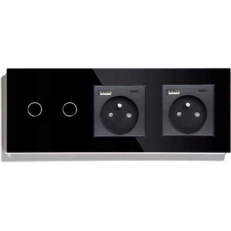 Interrupteur tactile double 2K + 2 prises USB-C, interrupteur en verre