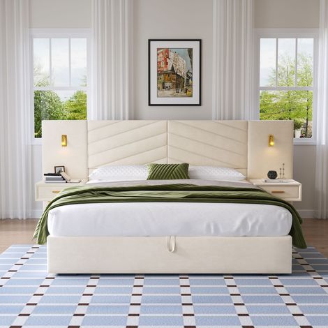 Letto contenitore in legno e velluto bianco/beige, 266x205x117 cm, con rete a doghe e 2 comodini