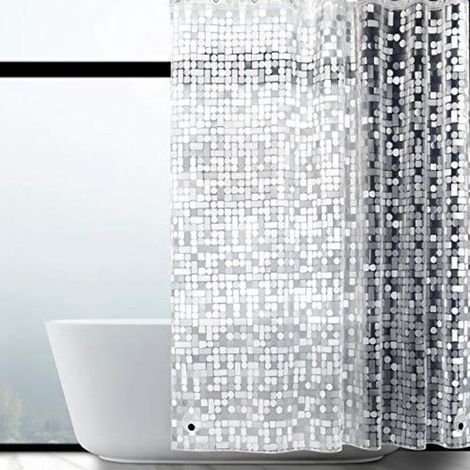 Mold-resistant shower curtain 180 x 180 cm, waterproof made of EVA material, with 12 rings, semi-transparent (0.15 mm) with magnetic weighted hem, geometric pattern, for bathtub (1/4)