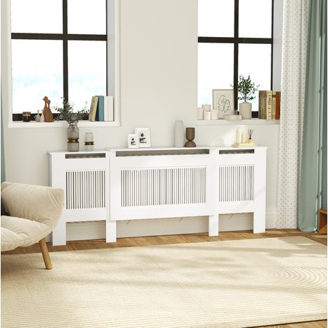 Habillage de radiateur extensible blanc avec étagère, lattes de ventilation, MDF et panneau de particules, 125-201 x 19 x 81,5 cm - CHICFURN (1/5)