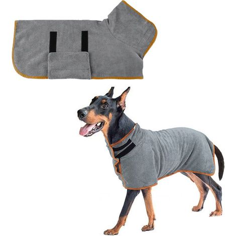 Serviette pour chien, peignoir de bain en microfibre à séchage rapide et ultra-absorbant, avec collier et taille ajustables (gris), taille M (1/5)