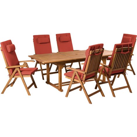Conjunto de comedor para jardín de madera de acacia ajustable plegable 6 plazas cojines gris pardo exterior Java