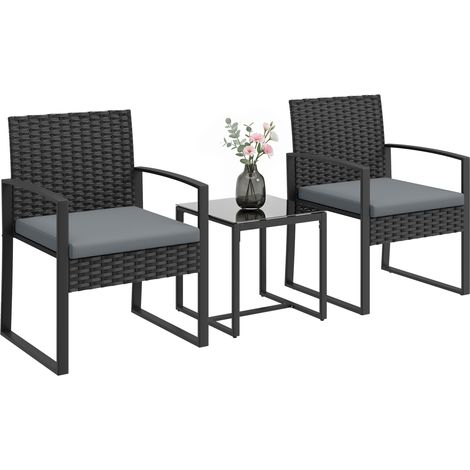 Outsunny conjunto de jardín exterior de 3 piezas de ratán con 2 sillas con cojines lavables y mesa de vidrio templado, para balcón, patio, gris claro (1/5)