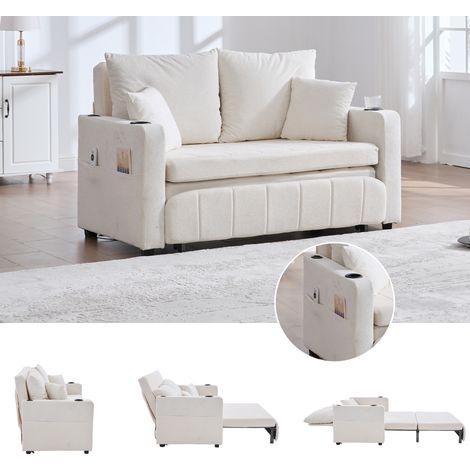 Canapé convertible 139x83x58 cm beige en chenille avec rangement latéral, USB et porte-gobelets (1/5)