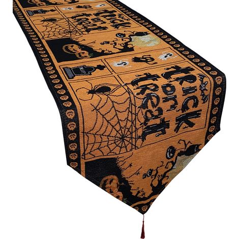 Lot de 4 nappes/chemins de table à franges avec motifs citrouille, chat et chauve-souris, parfaits pour une fête d'Halloween. Décoration idéale pour un dîner. (1/5)