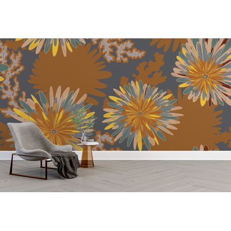 Papier peint fleuri - grands dahlias dorés et fond kaki sombre - 300 x 250 cm (1/2)