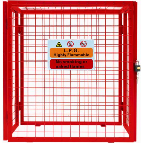 Cage À Bouteilles De Gaz 90 x 80 x 43 cm Rouge Pliable Maille Verrouillable Rangement 2 x 19 kg Cylindres Acier Revêtu En Poudre Épaisseur Fil 3mm Panneau d’Avertissement Cadenas & 4 Clés INCLUS