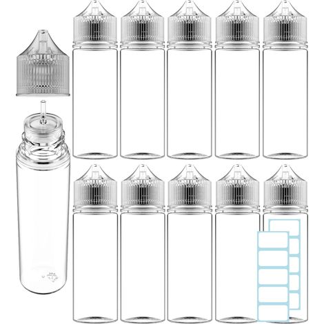 10 fons vides 60 ml + 10 étiquettes, bouchon conique, pour e-liquide, teinture, huile, encre ou peinture
