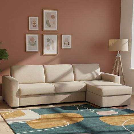 Dmora - Sofa cama Dabala, Sofá de esquina, 100% Made in Italy, Sofá con apertura giratoria, con contenedor reversible Peninsula, con reposabrazos delgados, Cm 260x95h90, Beige (1/5)