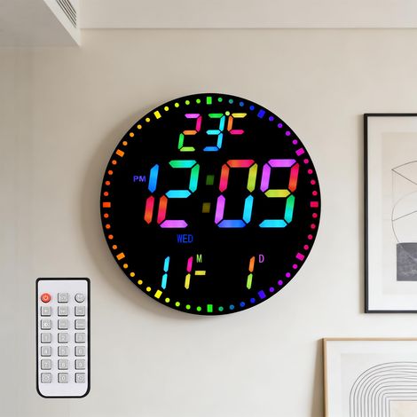 11,5-Zoll-Digital-Wanduhr für Wohnzimmer, Fernbedienung, Dual-Alarm, 12 RGB-Farben, großes LED-Display, automatische Helligkeit, Temperatur, Nachtlicht, Wochen-/Wochenendmodus-Alarm für Zuhause/Schlaf