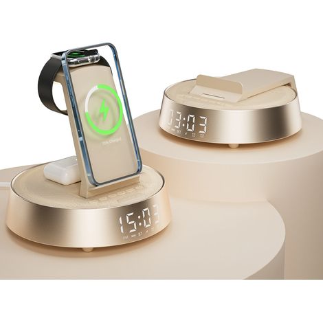 (Or) Réveil intelligent avec chargement sans fil, haut-parleur Bluetooth, radio et lumière à intensité variable. (1/5)