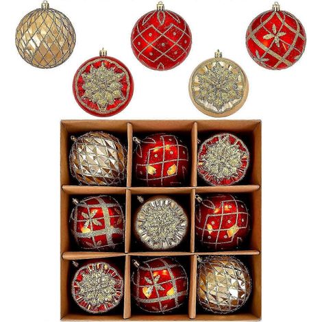 SBSG Lot de 9 boules de Noël - Décorations de Noël - Boules de Noël peintes en rouge et or, 10 cm (3,94 pouces), superbes boules pour diverses décorations de Noël. (1/5)
