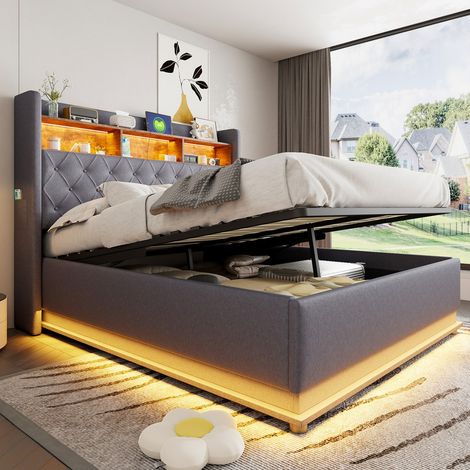 Lit Double 160x200 Gris - Tête de Lit LED Intégrée, Coffre Hydraulique et Ports USB - Rembourré en Lin Doux (Sans Matelas) (1/5)