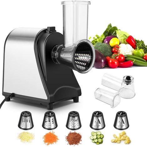 COOCHEER Tritacarne Elettrico 250W, Grattugia elettrica Multifunzione Affettaverdure con 5 tamburi di taglio, Acciaio Inox (1/5)