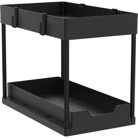 Boîte de rangement à deux niveaux avec panier coulissant, boîte de rangement multifonctionnelle sous évier, noire . (1/2)