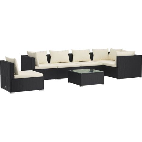 Salon de jardin 7 pcs avec coussins Résine tressée Noir vidaXL (1/5)