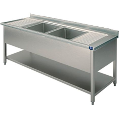 Plonge, 2 Bacs, 2 Égouttoirs, Sur Piètement, Avec Étagère Inférieure, 2000X700 mm - Mastro