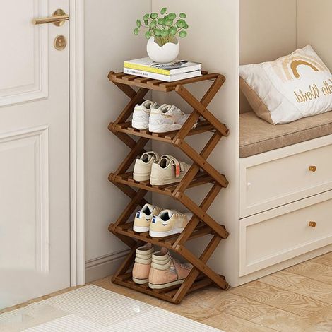 Petite étagère à chaussures pliable en bambou, organiseur étroit et haut, pour couloir, entrée, 2 couches, 5 couches de couleur fauve (1/5)