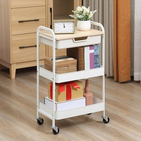 Chariot de cuisine à roulettes, 2 étagères, tiroir, compartiment de rangement, 4 roues, poignées, acier, blanc (1/5)