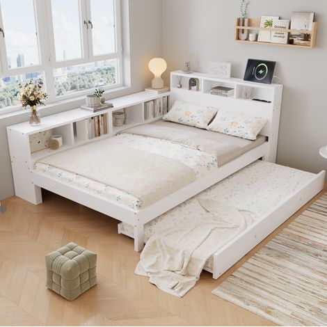 Lit adulte 120x200 cm avec lit tiroir 90x190, rangement latéral modulable et station de charge, bois blanc (1/5)